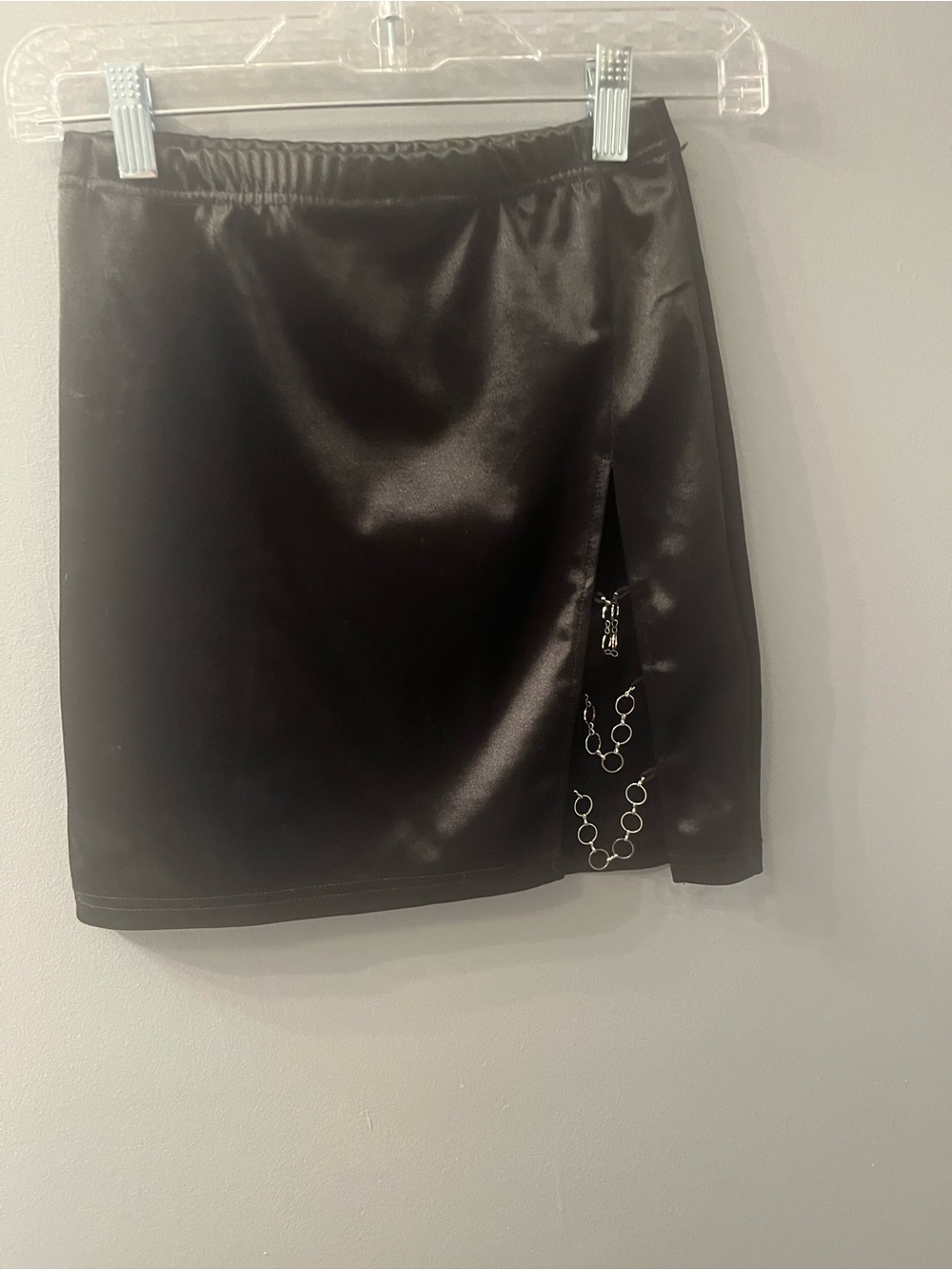 Black Faux Silk Mini Skirt with Chain Accent